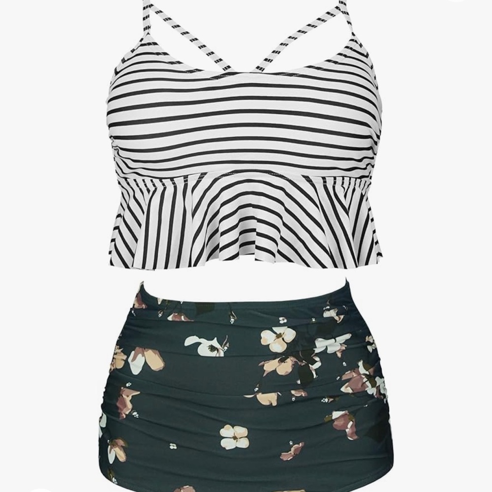 Cocoship High Waist Bikini Set Plus Size XXL Striped and Floral
